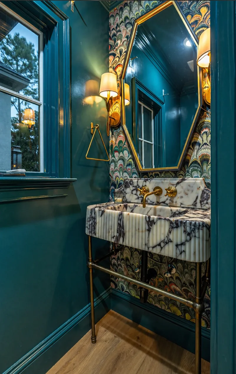 Powder room finished in deep teal with a veined stone vanity, brass lighting and a geometric mirror